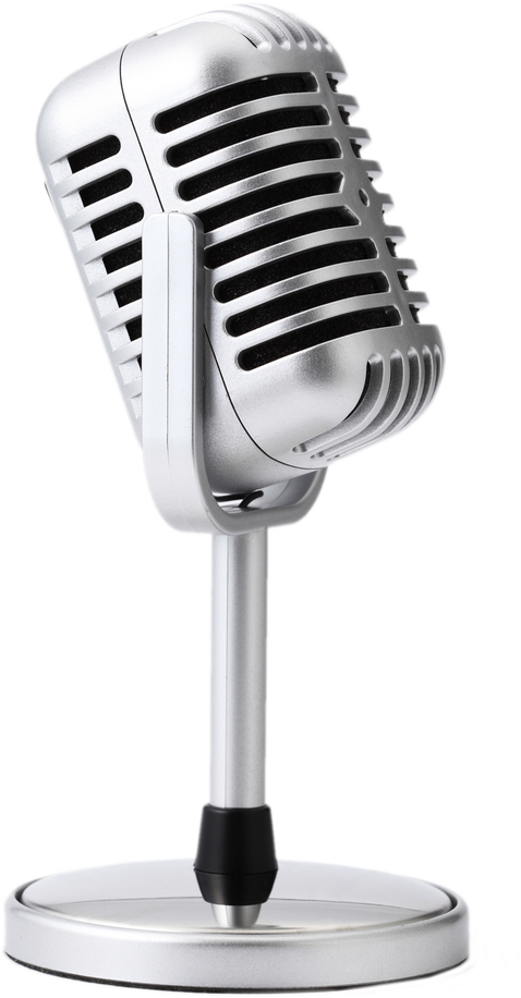 a silver microphone on a stand isolated on a white background